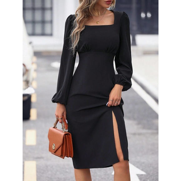 Square Neck Lantern long Sleeve Split Thigh midi Dress black - Picture 3 of 6